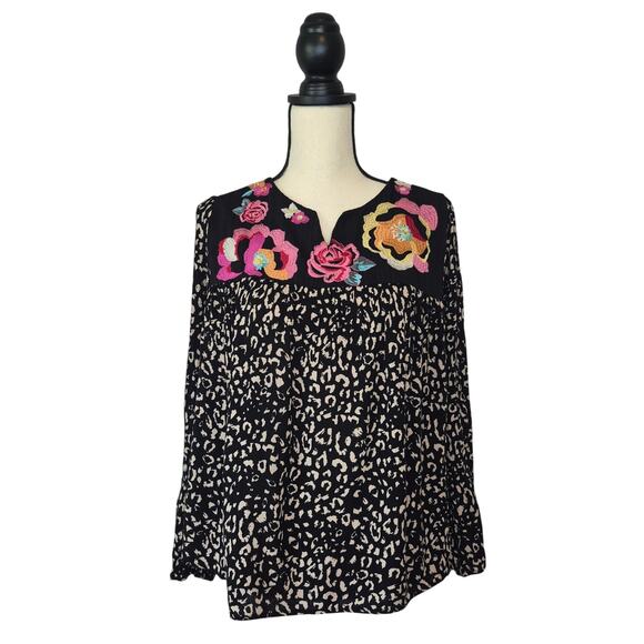 Savanna Jane Tops - Savanna Jane Leopard Floral Embroidered V Neck Boho Blouse Top Long Sleeve Sz L